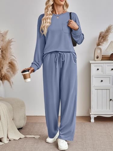AUTOMET Women's 2 Piece Lounge Sweatsuit Set - Medium Blue Fall Outfits