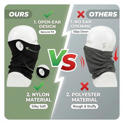 Open-Ear Neck Gaiter with UV Sun Protection - Cooling Nylon Fabric, 2 Pack - Black