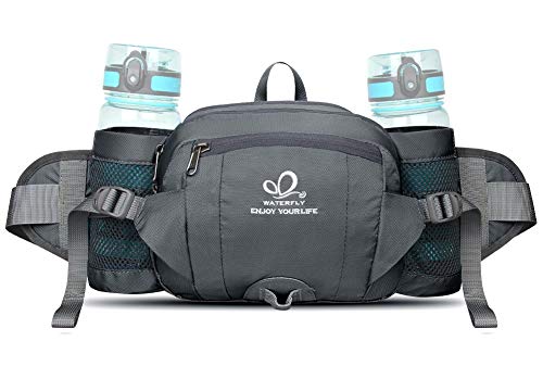 WATERFLY Fanny Pack Waist Bag with 2 Water Bottle Holders, 6-Pockets for Hiking - Gray
