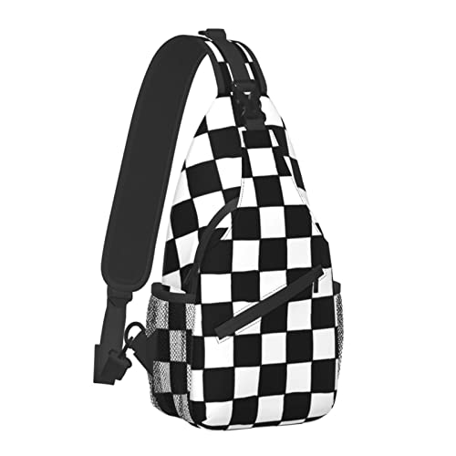 Checkered Black White Sling Backpack - Outdoor Crossbody Daypack Bag