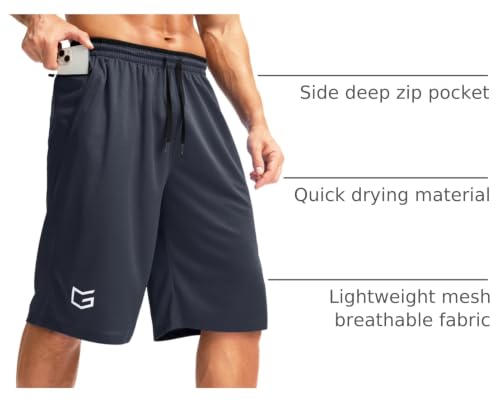 Men's Long Basketball Shorts 9/11 Inch Inseam with Pockets - Navy, X-Large