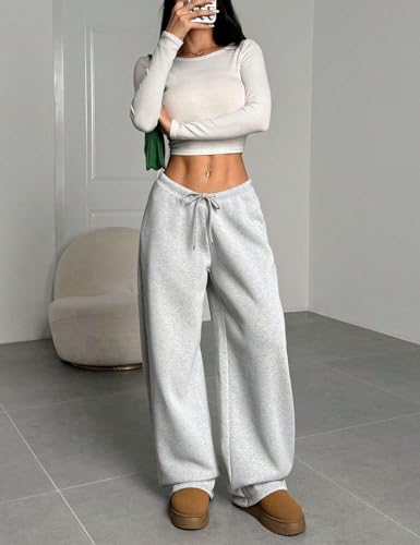 Women's Fleece Lined Sweatpants - V-Waist Wide Leg Baggy Pants Grey Medium