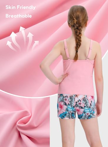 Pink Floral Tween Girls Tankini Swimsuit 2 Piece Bathing Suit with Chest Pad - Size 10