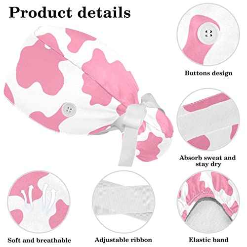 Work Caps Bouffant Surgical Cap with Hair Tie Cow Skin Print Pink Ponytail Holder Tie Back Scrub Hat