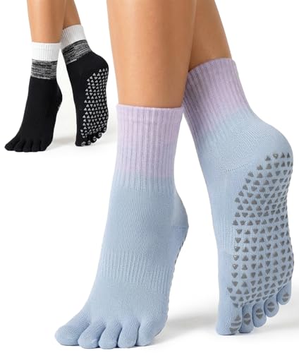 Non-Slip Pilates Grip Socks - 2 Pairs Black Blue Variation
