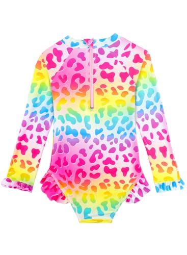 Rainbow Leopard Baby & Toddler Girl Long Sleeve Ruffle Swimsuit 2-3T - UPF 50+ Sun Protection