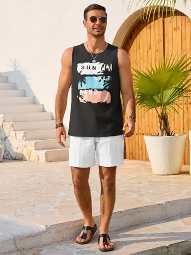 Mens Sleeveless Tank Top with Graphic Hawaiian Shirt Design - Summer Beachwear, Black, X-Large