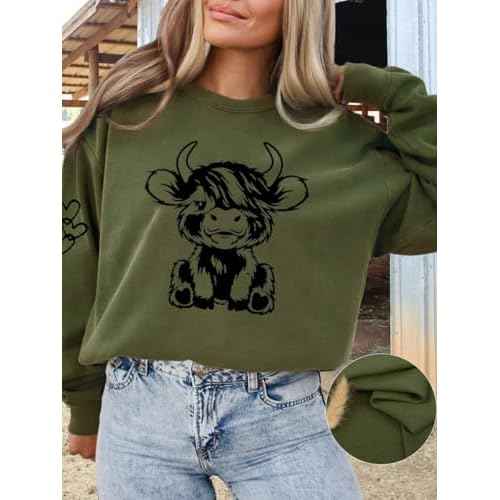 Women Highland Cow Sweatshirt Cute Cowgirl Gift Christmas Farm Sweatshirt Ribbon Long Sleeve Shirts