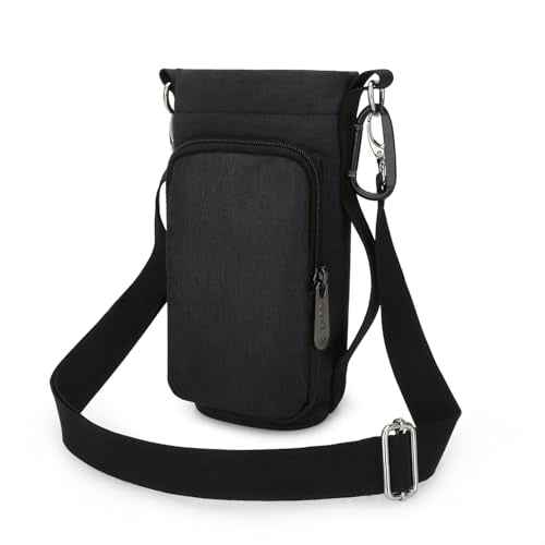 Water Bottle Carrier Bag, Small Canvas Crossbody Purse Portable Water Bottle Sling Holder Case with Adjustable Shoulder Strap and Phone Pocket Pouch for Men Women Hiking, Black