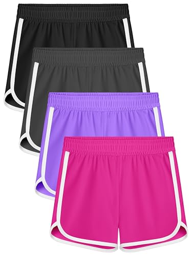 Girls Soccer Shorts 4 Pack - Toddler Athletic Quick Dry Shorts with Dolphin Print - 7-8 Years - Black, Gray, Purple, Pink