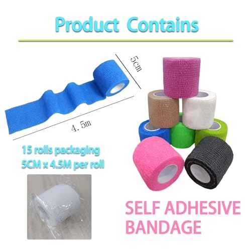 Self Adhesive Bandage Wrap 15Roll,Non-Woven Cohesive Bandage Tape,5CM x 5Yard Vet Wrap Tape for Wrist & Ankle Grip Cover,Elastic Athletic Tape-15color