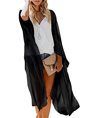 Women's Long Lightweight Kimono Cover Up Beach Swimsuit Boho Cardigan Large / 002 Black