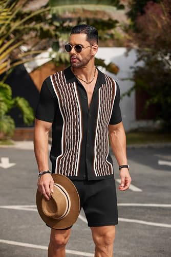 Men's 2 Piece Short Sleeve Polo Shirt and Beach Shorts Set - Black & Brown, Medium