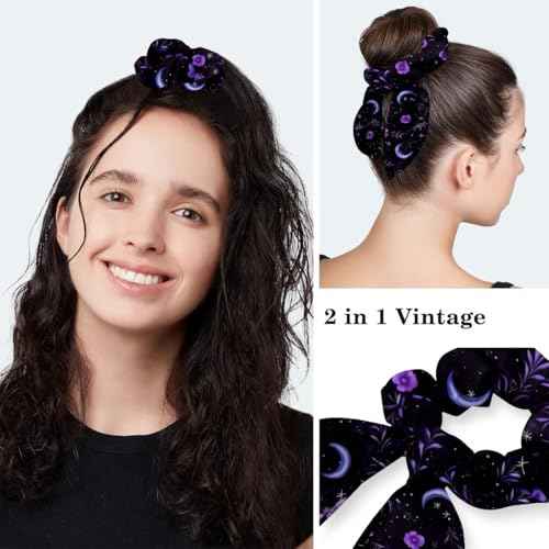Scrub Caps Women, Surgical Caps with Buttons, Ponytail Nurse Hat, Bouffant Scrub Hats with Hair Scrunchy Adjustable, Moon Purple Floral Star Vintage Wildflower Pastorable
