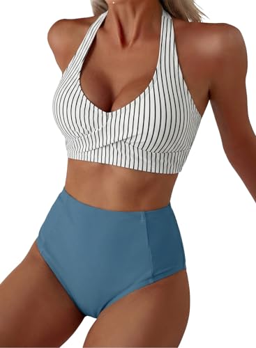 Herseas Women's High-Waisted 2-Piece Stripe Bikini Set - X-Large Dusty Blue