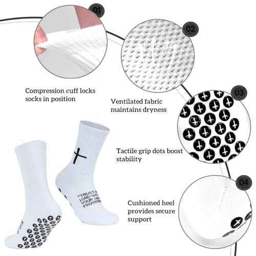 3 Pairs Cross Grip Soccer Socks for US 6-13 - Anti-Slip Christian Socks with Bible Verse