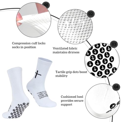 6 Pairs Cross Grip Soccer Socks for US 6-13 - Anti-Slip Christian Socks with Bible Verse, Jesus Sports Sock with Black and White Variation