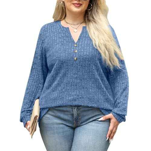 Plus Size Tops for Women Long Sleeve V Neck Button Down Shirts Casual Loose Tunic Sweaters Fall Winter Outfits L-4XL
