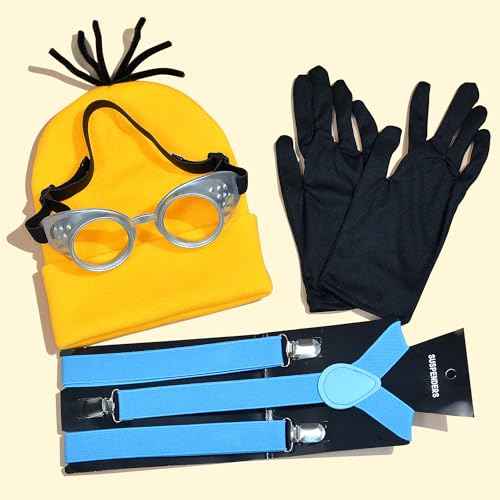 Halloween Costumes for Women Adult, 3PCS Steampunk Goggles Yellow Beanie Hat & Black Gloves and Blue Suspenders for Men Women Funny Halloween Costumes Cosplay Party Set
