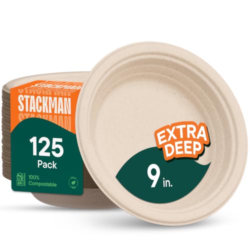 9-Inch Compostable Deep Dish Plates - 125-Pack Heavy Duty Brown
