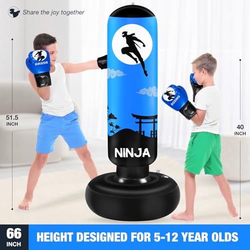 Kids Inflatable Punching Bag with Gloves - Blue, 66" Boxing Set for Ages 5-12