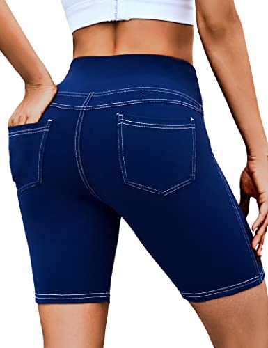 High Waisted Yoga Biker Shorts with Pockets - 8 Inch Inseam, Navy Blue, XX-Large