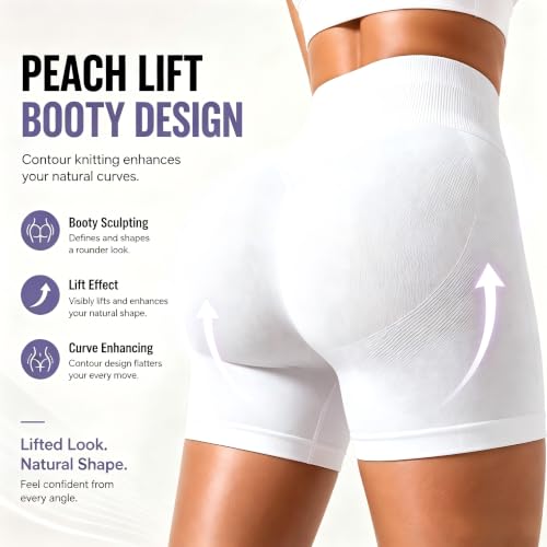 Women's High Waisted Workout Shorts with Scrunch Butt and Tummy Control - Medium White