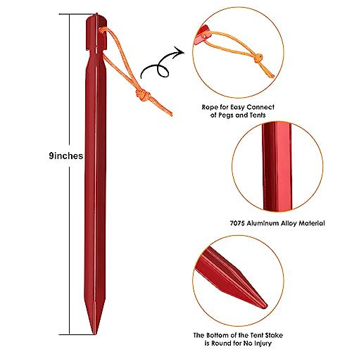 Grassman Tent Stakes 16 Pack - 9 Inch Heavy Duty Aluminum Ground Pegs with Reflective Ropes - Red Variation