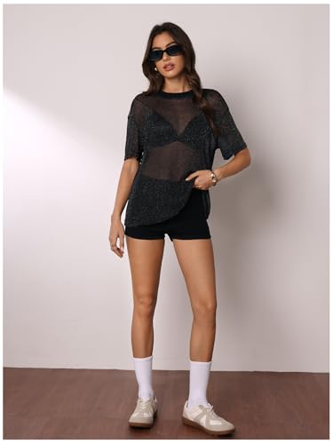 Women Sparkly Glitter Rave Outfits Sheer Going Out Top - Medium Black - Y2K