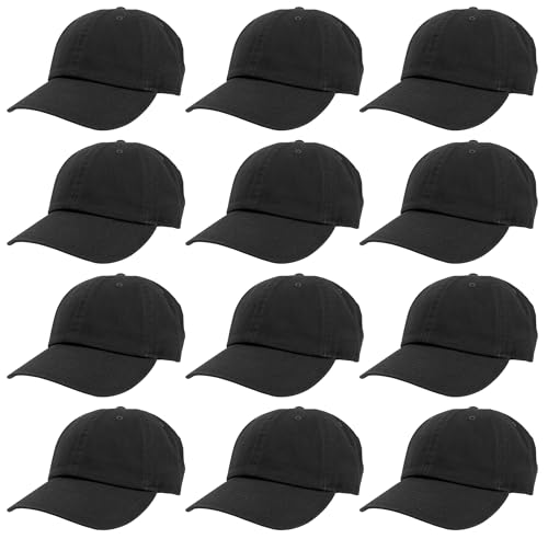 Black Cotton Baseball Cap Hat - Adjustable, Plain, Wholesale 12 Pack - One Size