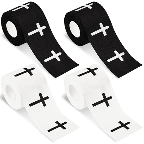 Christian Athletic Tape 4 Pack - Cross Design Wrist & Support Wraps for Sports & First Aid - 2in x 23ft - Black and White - Variation 4