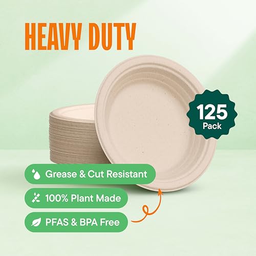 9-Inch Compostable Deep Dish Plates - 125-Pack Heavy Duty Brown