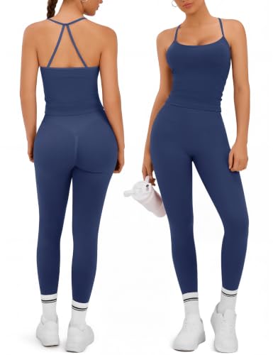 2 Piece Workout Sets for Women Navy Green Medium - High Waist Leggings & Halter Tank