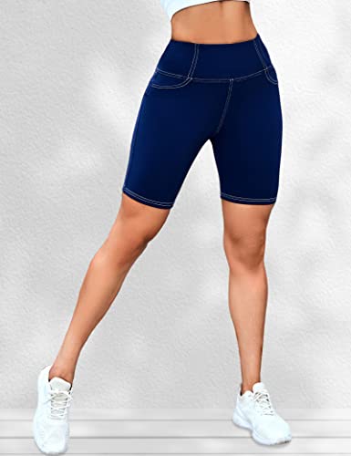 High Waisted Yoga Biker Shorts with Pockets - 8 Inch Inseam, Navy Blue, XX-Large