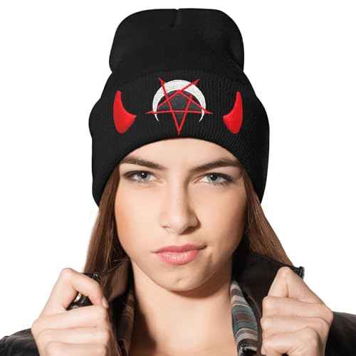 Spooky Horror Devil Horned Embroidery Beanie Knit Hat for Men Women, Casual Skull Knit Cap