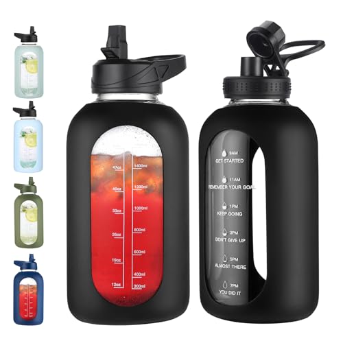 Black 64 oz Glass Water Bottle with Straw - Half Gallon Hydration Jug
