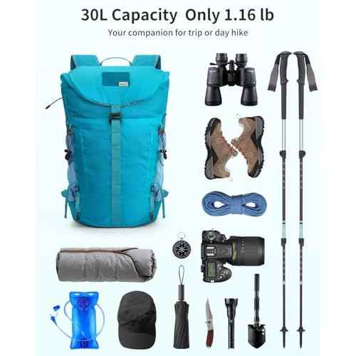 Blue Quartz Hiking Backpack 30L Lightweight Packable Backpack for Travel, Water Resistant Foldable Daypack for WoMen Men, Blue Green