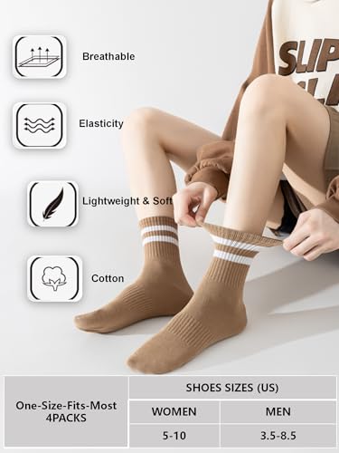 Women’s Striped Cotton Crew Socks - 4 Pairs, Size 5-10, White Coffee Brown Beige