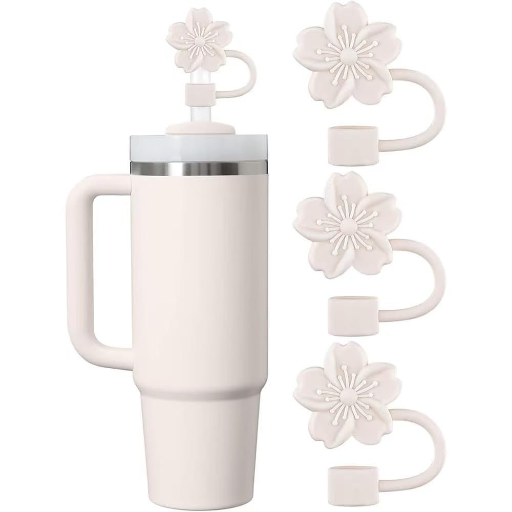 Zenithly Cherry Blossom Silicone Straw Toppers for Stanley Cup, Beige Floral Tumbler Lid Accessories, 3 Pack Dust Cover Set, 10mm Compatible