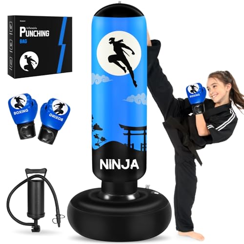Kids Inflatable Punching Bag with Gloves - Blue, 66" Boxing Set for Ages 5-12