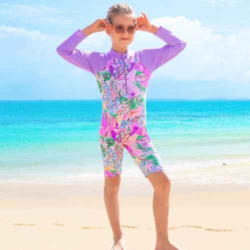 TFJH E 1PCS Long Sleeve Girls Bathing UPF 50+ Rash Guard Suits Swimsuts Zip 3-14Y