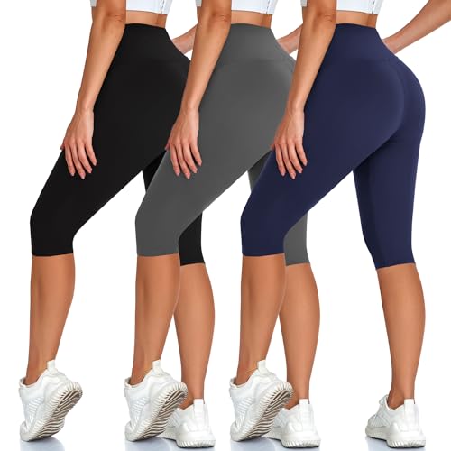High Waist Knee Length Leggings for Women Tummy Control 3 Pack