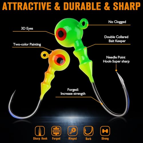1/4oz Glow Fishing Jig Heads with 3D Eye - Crappie & Walleye Tackle 25pcs