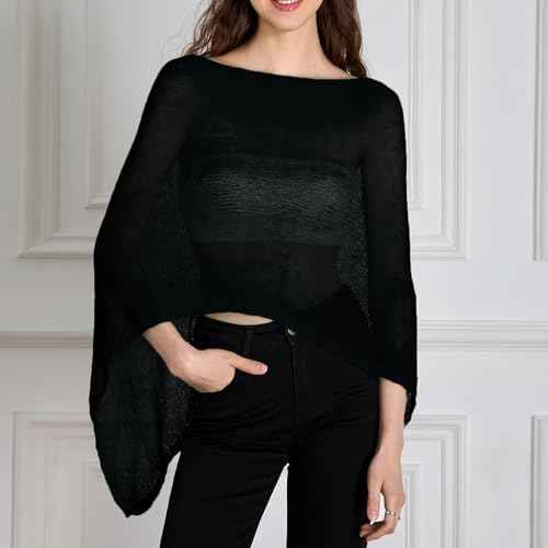 Women Sheer Poncho Top Lightweight Summer Cover Up Mesh Knit Crochet Shawl Trendy Pullover