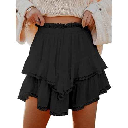Flowy Shorts for Women Casual Boho Ruffle Tiered Skorts High Waist Mini Skirts Golf Tennis Crochet Shorts