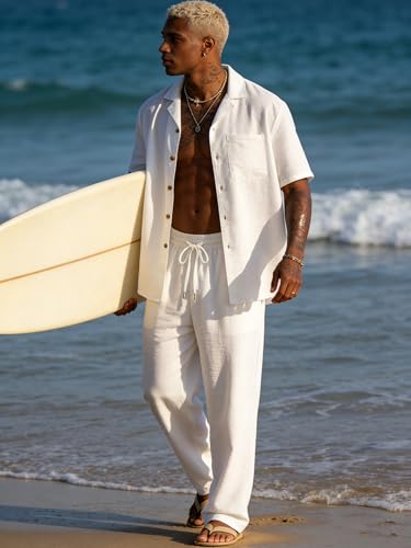 Men's 2-Piece Summer Beach Outfit - White XL Casual Linen Shirt & Pants Set