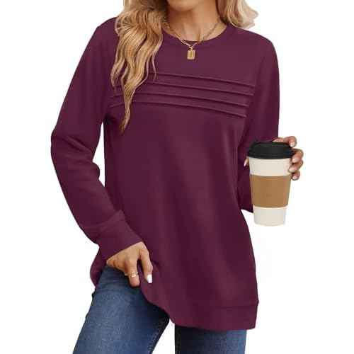 WIHOLL Womens Sweatshirt Crewneck Long Sleeve Shirts Loose Fit Pleated Front Tops Fall Fashion