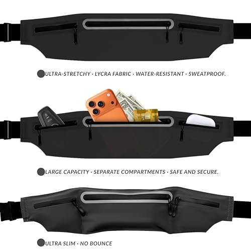 Black X-Large Running Belt for Men & Women – Ultra-Thin Fanny Pack with Pockets