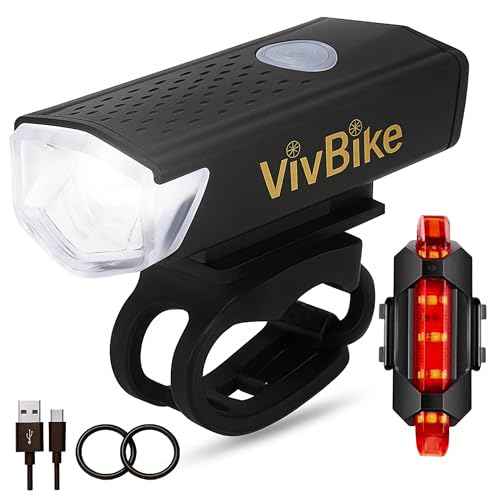 VivBike Rechargeable Bicycle Lights Bright LED Headlight and Taillight, USB Rechargeable, Waterproof, Easy Mount | A HerTime2 Brand