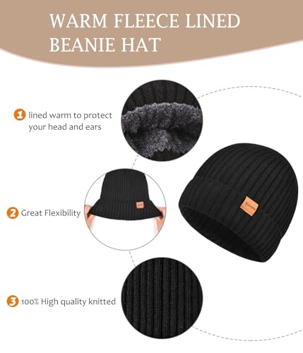Winter Beanie Hat and Touchscreen Gloves Set for Men Women - Black, One Size